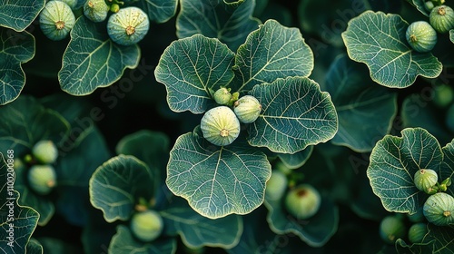 Fresh green fig leaves and unripe fruits in a lush garden setting photo