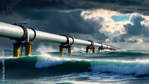 Massive Ocean Pipeline Structure Over Turbulent Waves Under Dramatic Sky

 photo