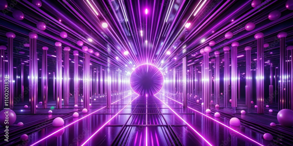 Obraz premium 3D Rendered Neon Purple Corridor with Spheres and Columns, 3D Rendering, Neon, Abstract, Light