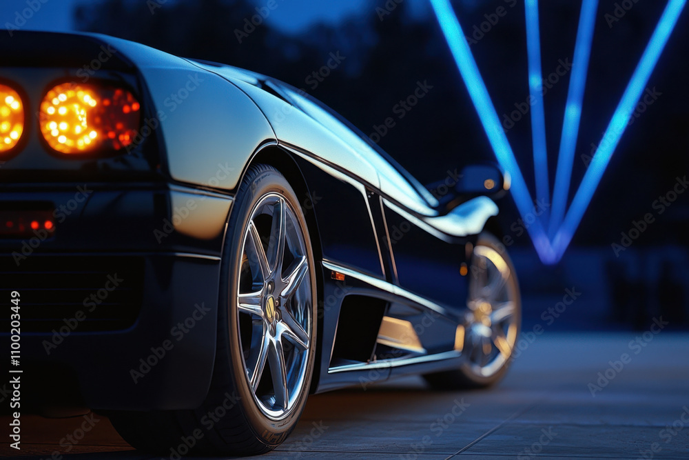 Naklejka premium A black sports car with a bright red tail light