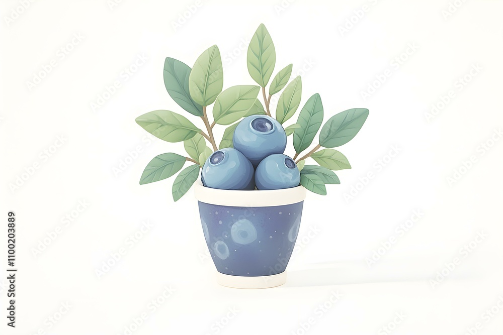 Fototapeta premium Fresh Blueberries in Decorative Pot Surrounded by Green Leaves on White Background