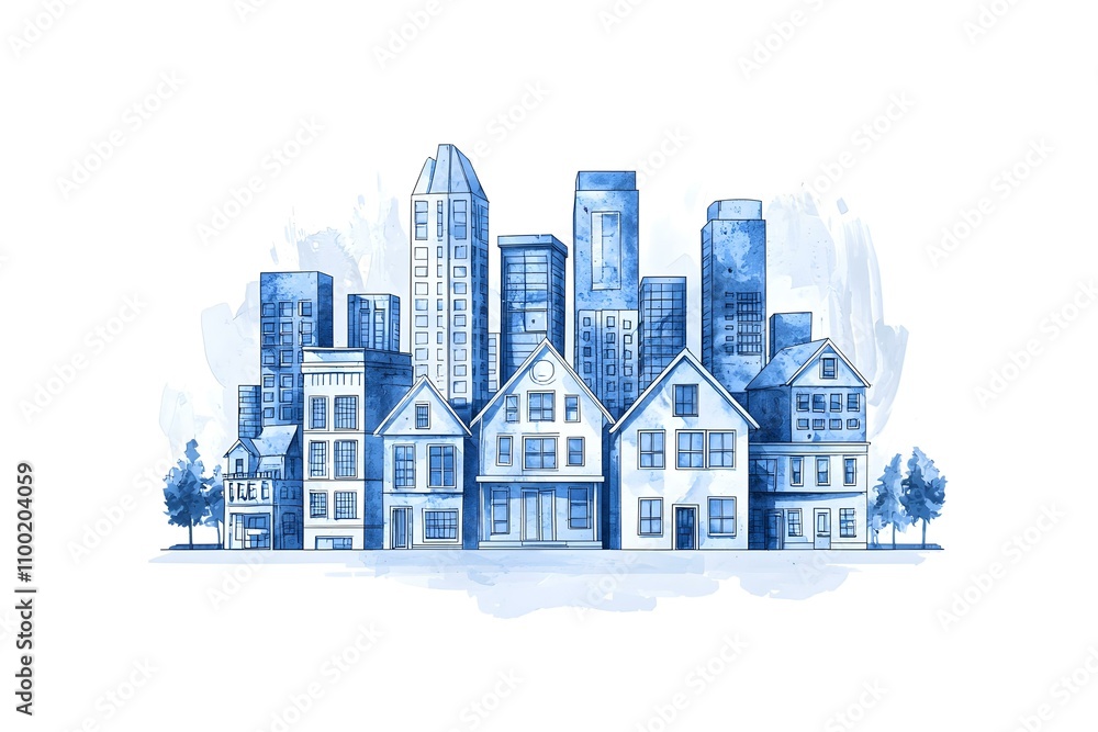 Obraz premium Vibrant Watercolor Cityscape of Modern and Traditional Homes with Urban Skyline in Soft Blue Tones