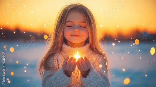 Slavic winter solstice celebration of korochun with a child holding light