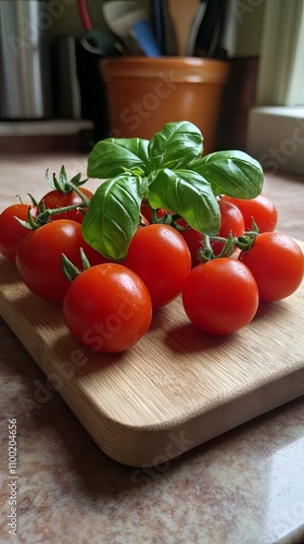 Fresh Tomatoes and Basil on a Wooden Cutting Board photo