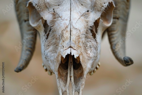 A detailed image of a goat's skull featuring a distinctive long horn