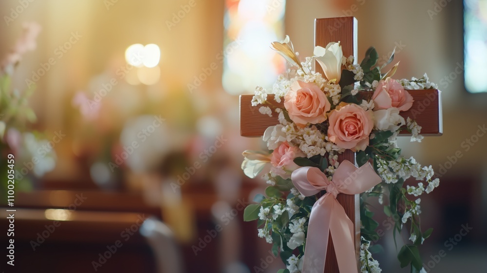 Obraz premium Church wedding decoration with floral cross and subtle lighting