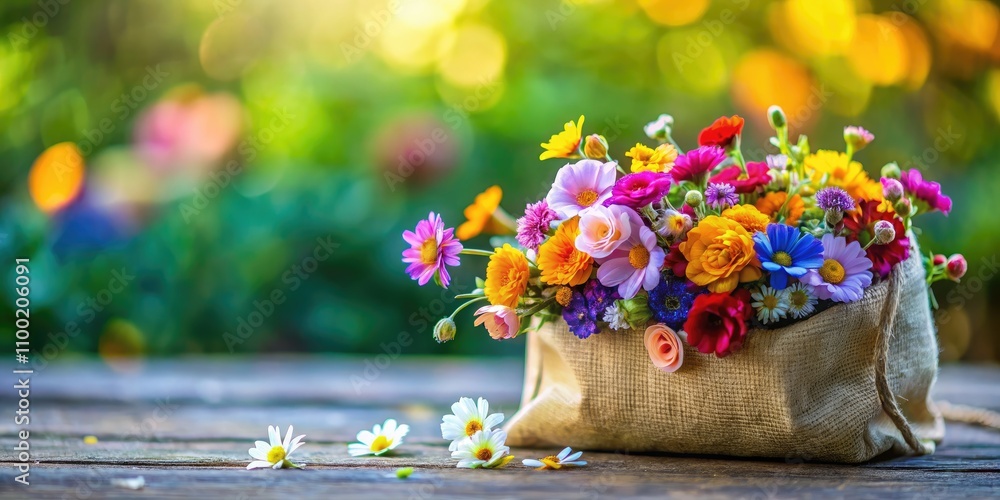 Fototapeta premium Tilt-Shift Miniature Flower Bag Photography, Blooming Bag, Floral Purse, Mini Garden Bag, Cute Flower Bag, Whimsical Bag