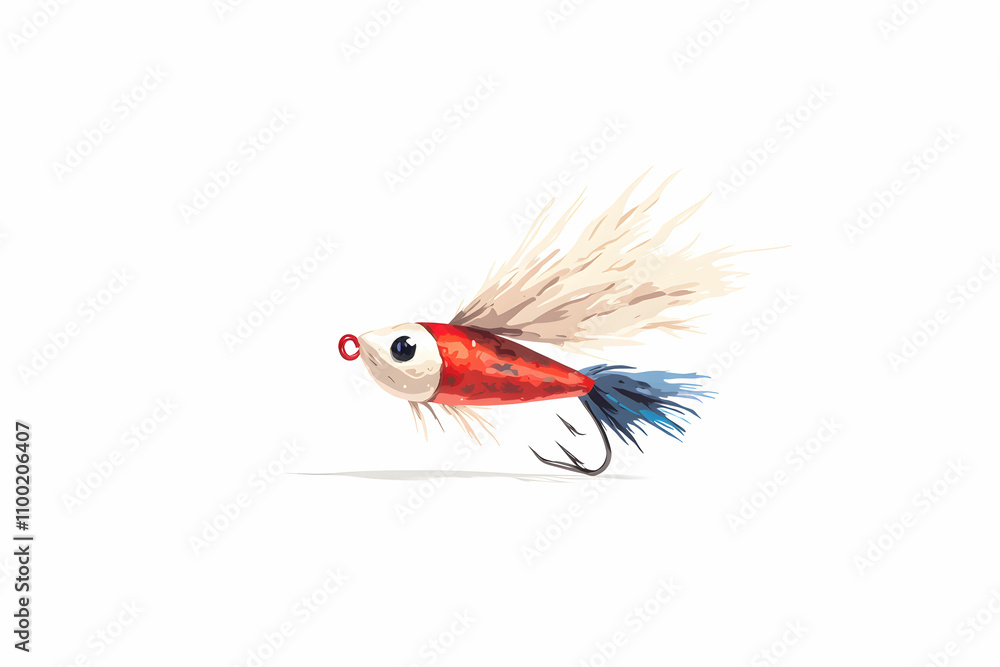 Fototapeta premium Colorful Fishing Lure with Feathered Tail Designed for Anglers, Showcasing Bright Red, Blue, and White Colors for Attracting Freshwater and Saltwater Fish
