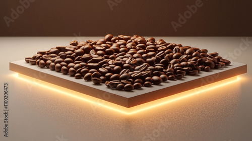 roasted coffee beans on a glowing geometric platform with a minimal and elegant design photo