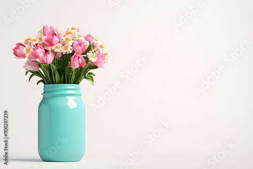 Wallpaper Mural Delicate Pink Tulips Surrounded by White Daisies in a Teal Mason Jar Set Against a Minimalistic Light Background for a Fresh Spring Vibe Torontodigital.ca