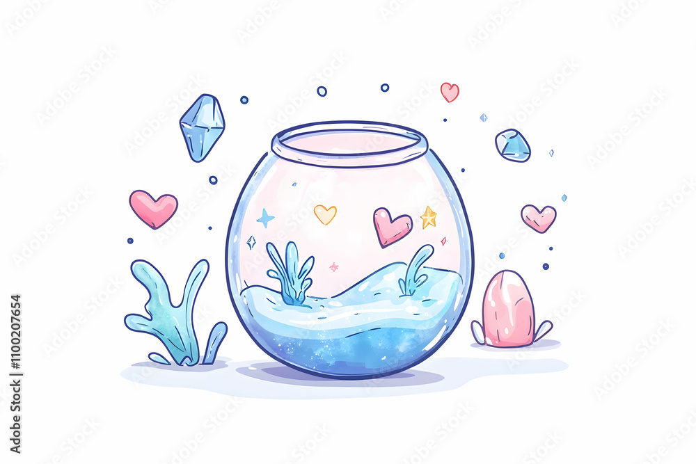 Colorful Cartoon Fish Bowl with Hearts, Stars, Gems, and Plants, Ideal for Cute and Playful Illustrations in Various Creative Projects and Children's Art Colorful Cartoon Fish Bowl with Hearts, Stars, Gems, and Plants, Ideal for Cute and Playful Illustrations in Various Creative Projects and Children's Art