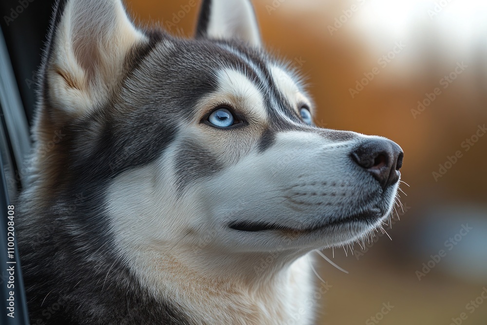 Fototapeta premium Close-up portrait of a Siberian Husky with striking blue eyes, looking thoughtfully out a car window.