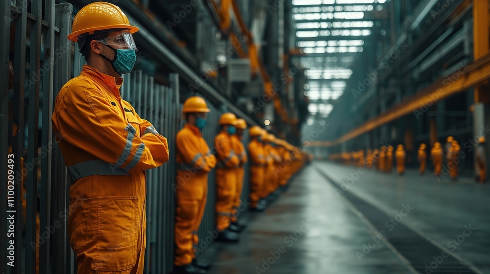 Obraz premium Workers in protective gear lined against industrial wall. Workplace safety and pandemic protection