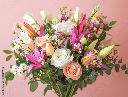 Bouquet of flowers in pastel hues against a background Greeting card template featuring copy space Suitable for occasions like Mother s Day Valentine s Day birthdays photo