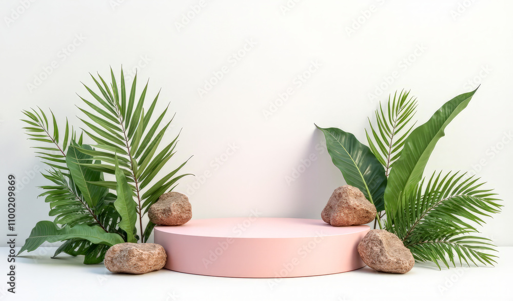 Fototapeta premium pink round podium among tropical plants on a white background
