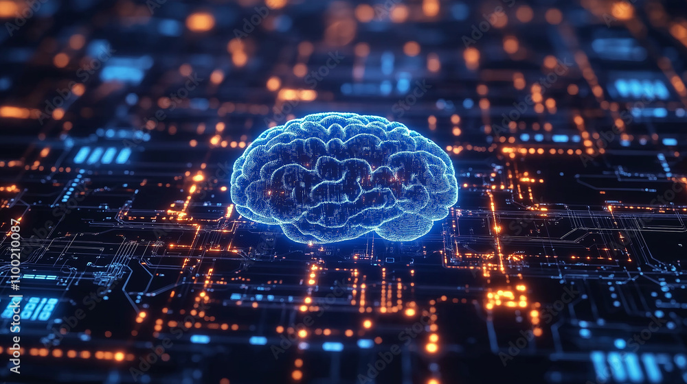 Fototapeta premium Futuristic AI brain hologram surrounded by glowing circuits