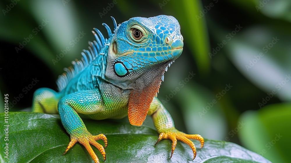 Obraz premium Vibrant iguana on leaf: exploring exotic wildlife and stunning reptilian colors