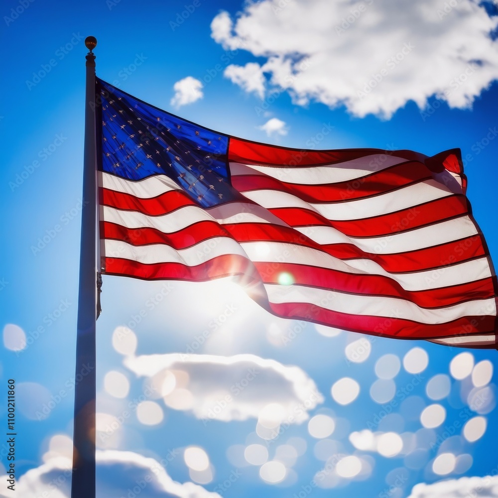 Obraz premium American flag waving against blue sky. US flag waving in the wind for Memorial Day or 4th of July
