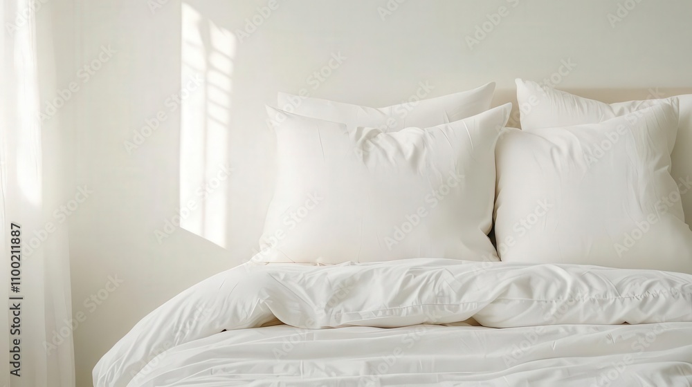 Obraz premium Soft bed with a quilt and layered pillows, bright and airy bedroom with natural light