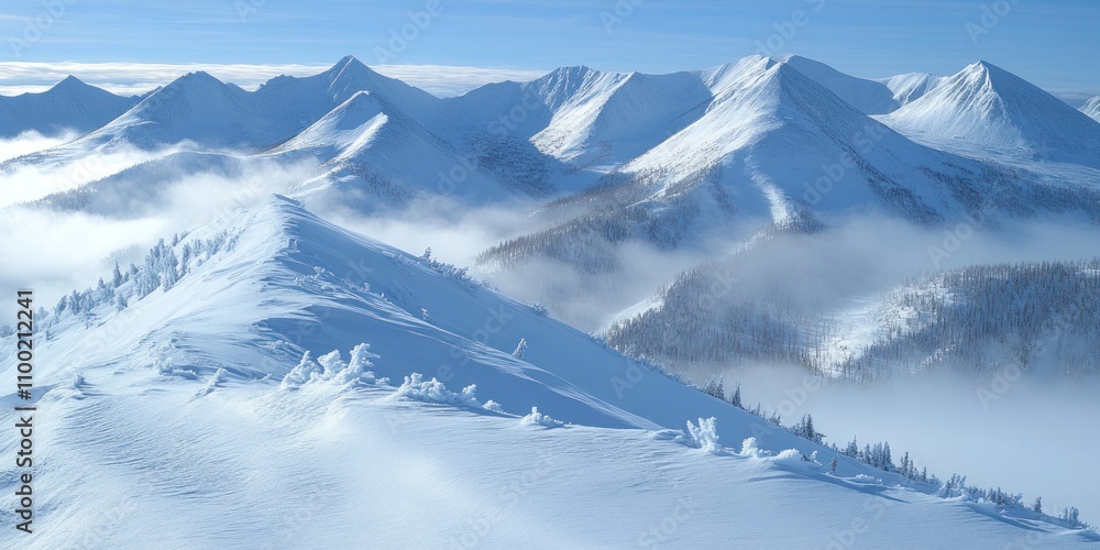 Obraz premium A breathtaking snowy mountain ridge rises above deep valleys, showcasing natural beauty