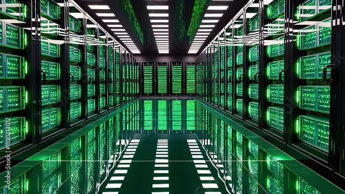 Futuristic Green-Lit Data Center with Rows of Modern Server Racks in High-Tech Facility

 photo