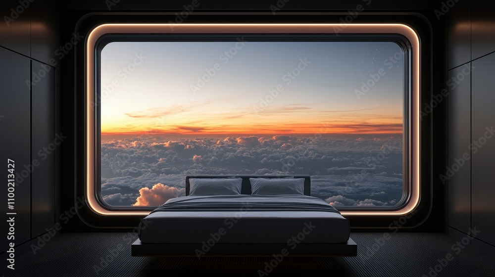 Naklejka premium A futuristic bedroom with a panoramic window showcasing a breathtaking sunset above the clouds.