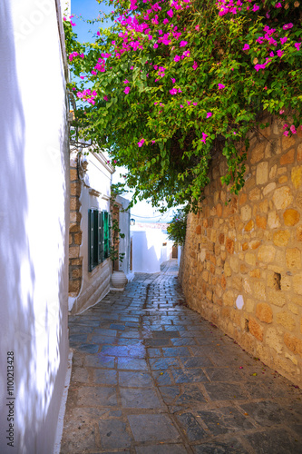 A narrow street with pink flowers in Lindos, Rhodes