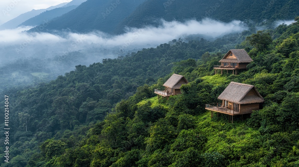 Obraz premium Lush green mountains with misty valleys and wooden cabins nestled amid dense foliage, creating a serene and tranquil landscape.