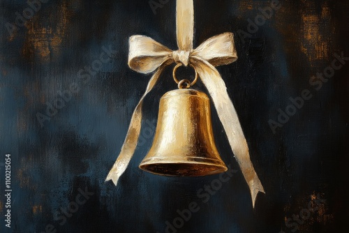  a single golden bell tied with a delicate ribbon bow darl background photo