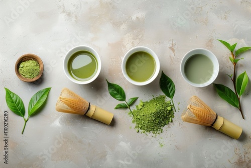 Aesthetic Arrangement: Matcha Tea Bowls and Powder on a Grunge Background photo