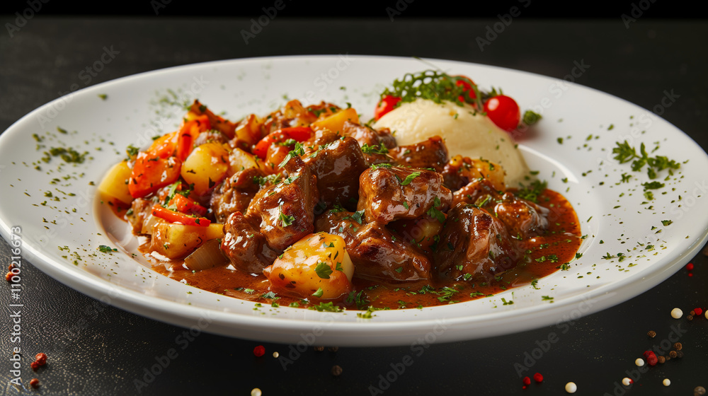 Fototapeta premium Beef stroganoff plate with mashed potatoes and vegetables on a dark background 