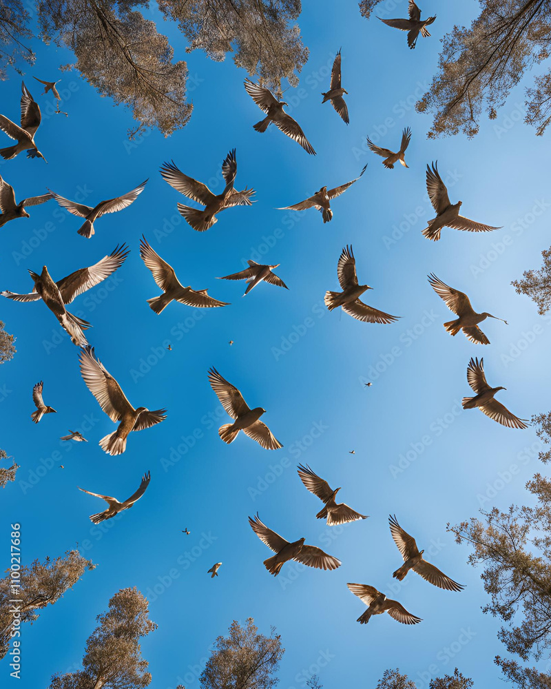 Obraz premium Ubirds in the sky at sunrise, sunrise flight, flying birds at dawn, birds soaring at sunrise, early morning birds, birds flying during sunrise, sunrise over horizon, birds in the morning sky, birds si