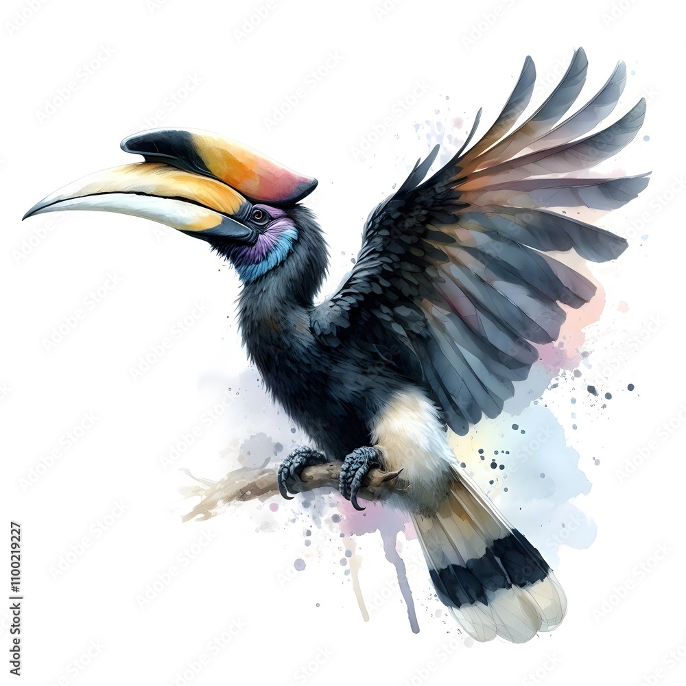 Fototapeta premium 흰 배경, 코뿔새, 수채화 (white background, Rhinoceros hornbill, water colour) 