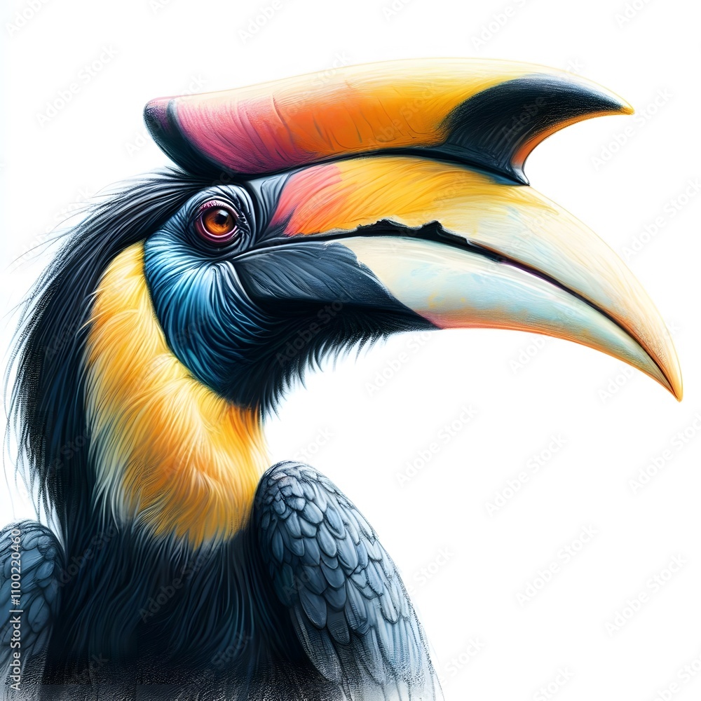 Fototapeta premium 흰 배경, 코뿔새, 파스텔화 (white background, Rhinoceros hornbill, pastel painting)