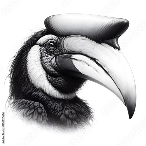 흰 배경, 코뿔새, 펜슬 드로잉 (white background, Rhinoceros hornbill, pencil drawing) photo