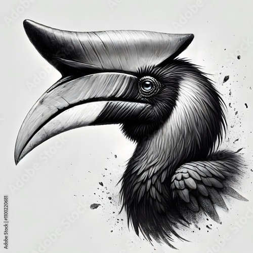 코뿔새, 펜슬 드로잉 (Rhinoceros hornbill, pencil drawing) photo