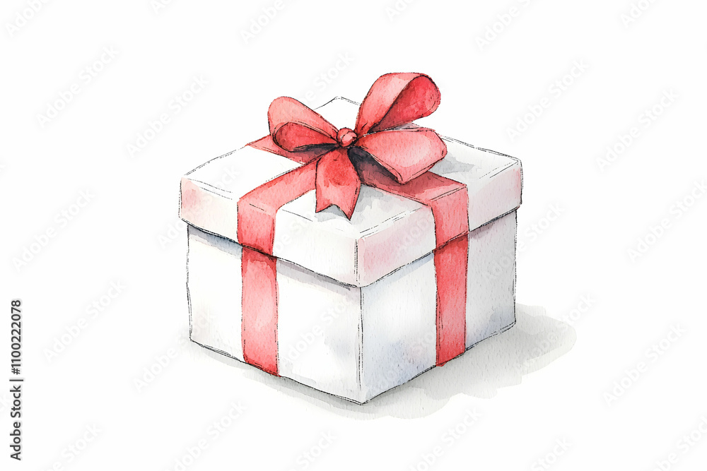 Obraz premium Charming watercolor illustration of a beautifully wrapped gift box adorned with a vibrant red ribbon, perfect for celebrating special occasions, holidays, or birthdays.