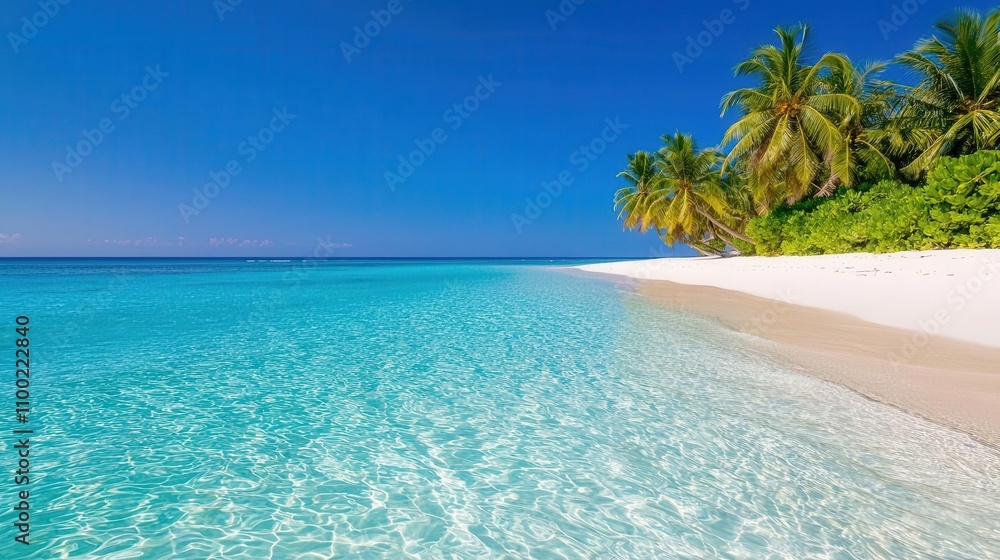 Fototapeta premium Crystalclear water lapping against a sandy shore, tropical island paradise, peaceful and inviting