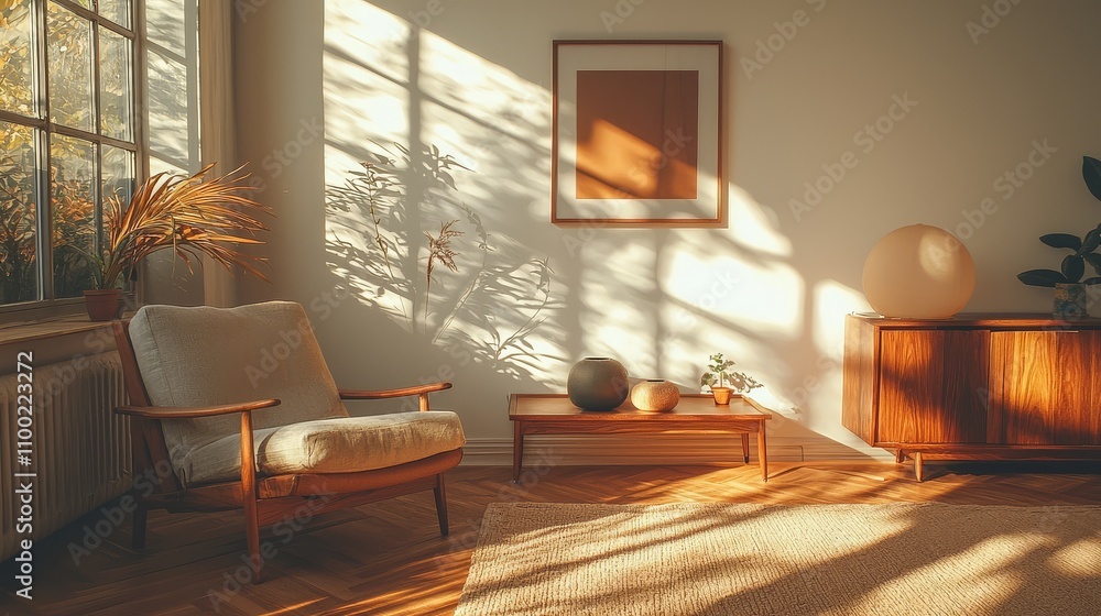 A cozy, sunlit interior featuring a comfortable chair, wooden furniture, plants, and warm lighting that creates a serene atmosphere. A cozy, sunlit interior featuring a comfortable chair, wooden furniture, plants, and warm lighting that creates a serene atmosphere.
