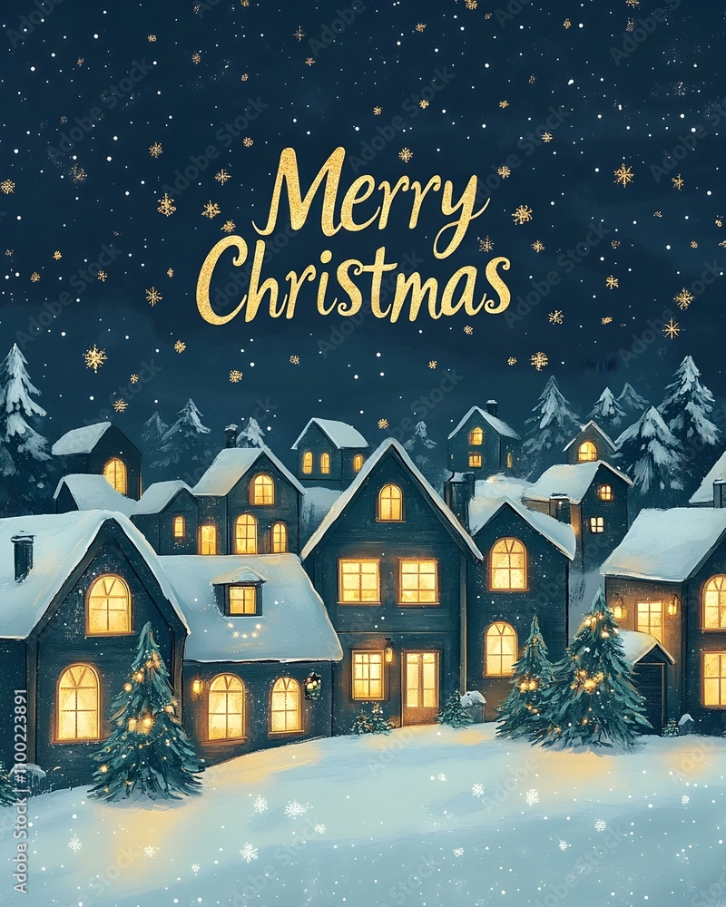Fototapeta premium 'Merry Christmas' Typography over a snow-covered Village at Night. Festive Christmas Card Template