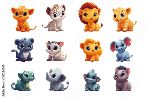 little cartoon vector animals characters like Lion, Elephant, Giraffe, Zebra, Cheetah, Hyena, Wildebeest, Hippopotamus. Baby animals icons set cut out photo