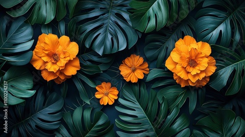 Vibrant orange flowers amidst lush green tropical leaves photo