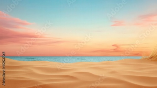 Windswept sand dunes leading down to a vast ocean, soft golden light and serene skies photo