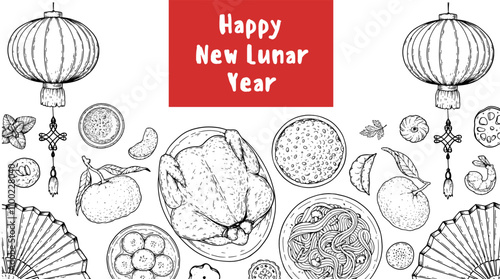 Foods of Chinese Lunar New Year frame. Hand drawn vector illustration. Chinese Food sketch. Holiday menu. Food design template.