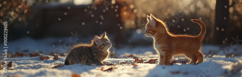 two cute cats in the park on the sunny winter day