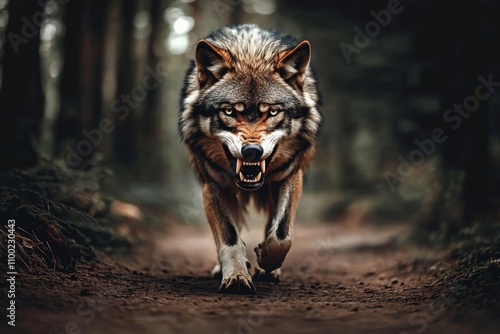 The intense gaze of an angry wolf ready to defend its territory. photo