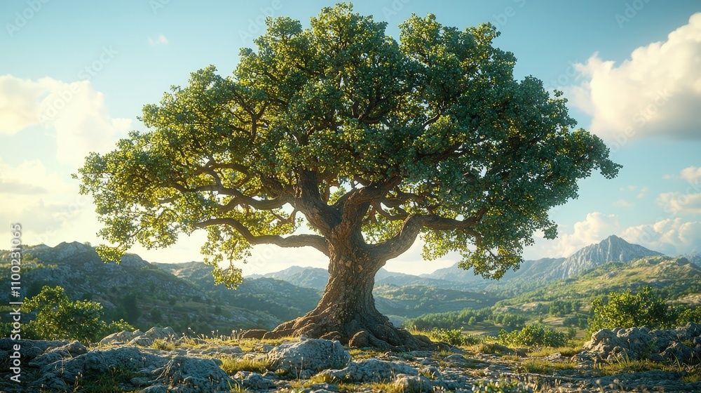 Obraz premium Majestic oak tree in sunlit mountain landscape with blue sky and lush greenery