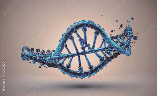 Blue and black DNA strand. The strand is twisted and has a spiral shape. The strand is surrounded by a white background