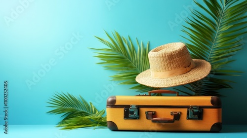 Vintage suitcase with straw hat and palm leaves on blue background.