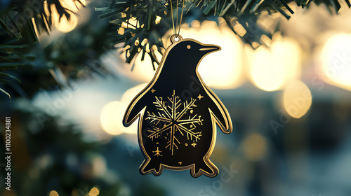 Penguinshaped ornament A penguin outline with snowflake details photo